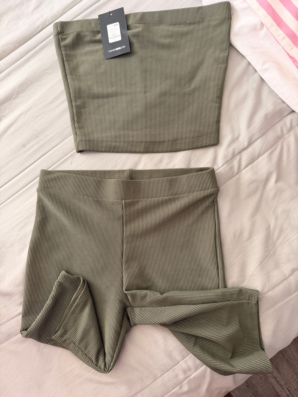 Ribbed Olive Green Women’s High-Waist Bike Shorts & tube top set